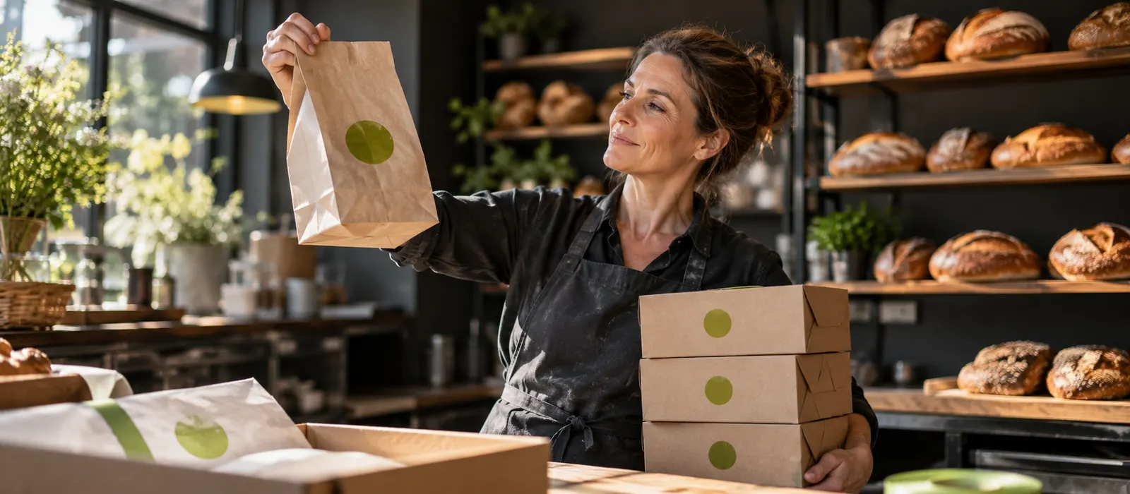 Bäckerin prüft neue Verpackungen und Tragtaschen mit ihrem Logo – Branding für KMU