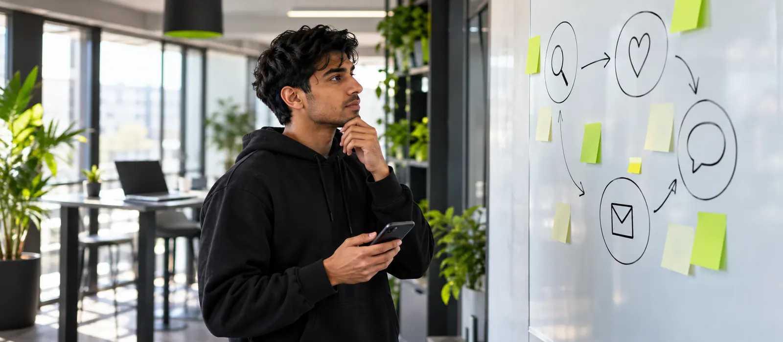 Junger Startup-Gründer plant im Co-Working-Space seine Online-Kampagne – digitales Marketing für KMU