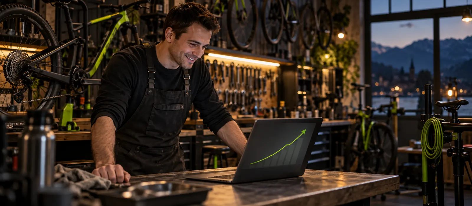 Velomechaniker sieht auf dem Laptop neue Anfragen aus seiner Google-Werbung – Google Ads für KMU