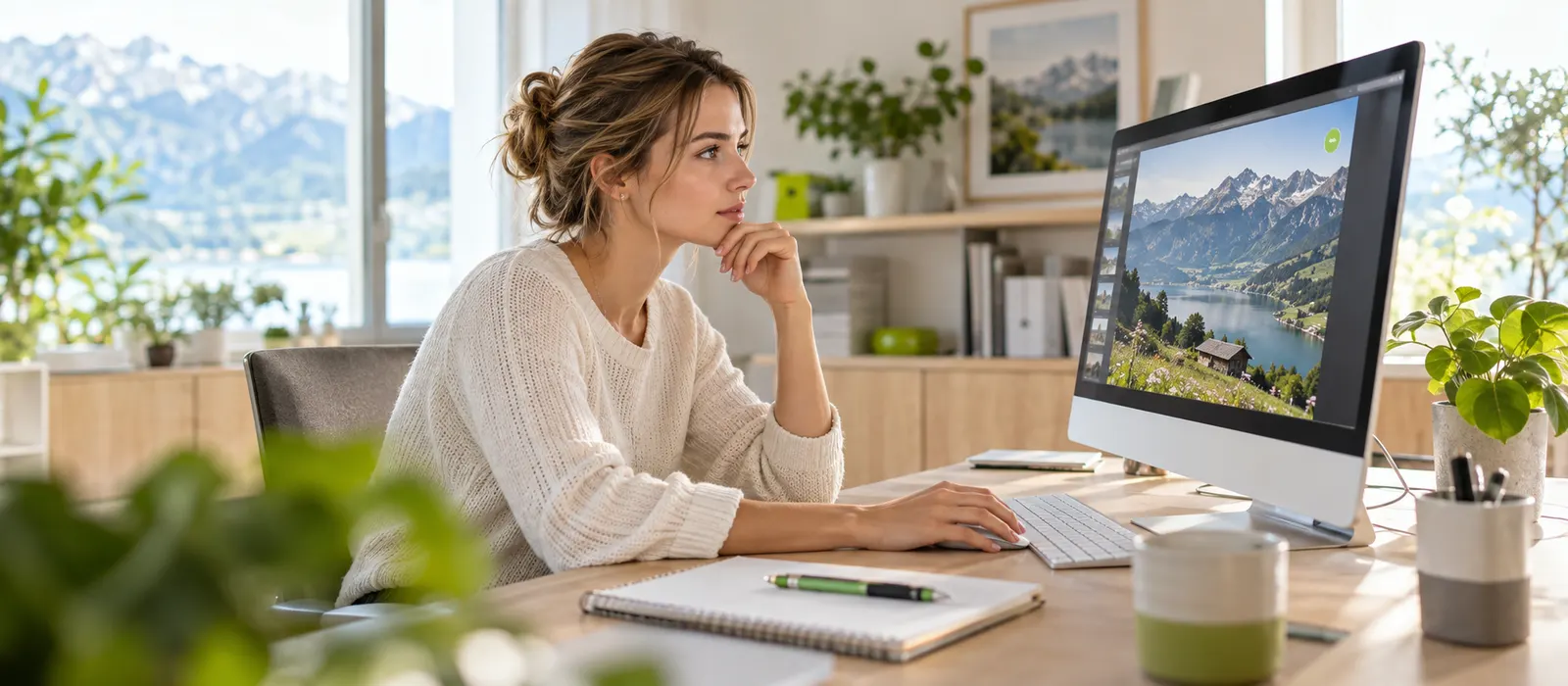 Marketingverantwortliche prüft ein KI-Bild mit Kennzeichnung am Bildschirm – KI-Kennzeichnungspflicht für KMU