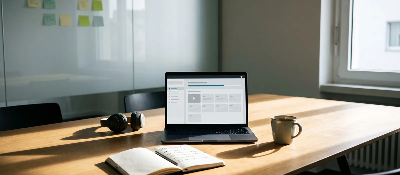 Besprechungsraum mit Laptop, auf dem ein Online-Kurs läuft, Notizbuch mit Checkliste und Kopfhörer – KI lernen im KMU-Team
