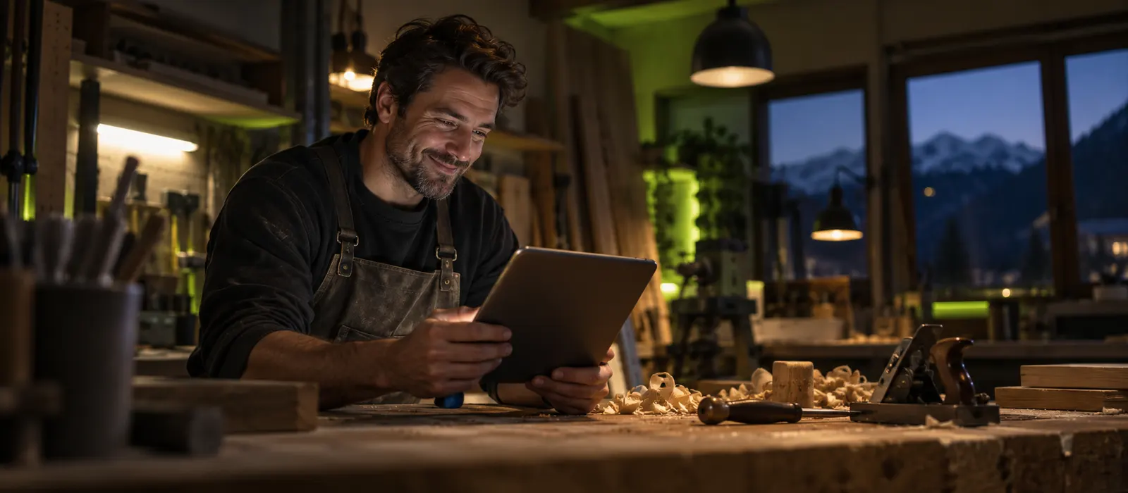 Schreiner freut sich über eine Online-Empfehlung auf dem Tablet – KI-SEO für KMU