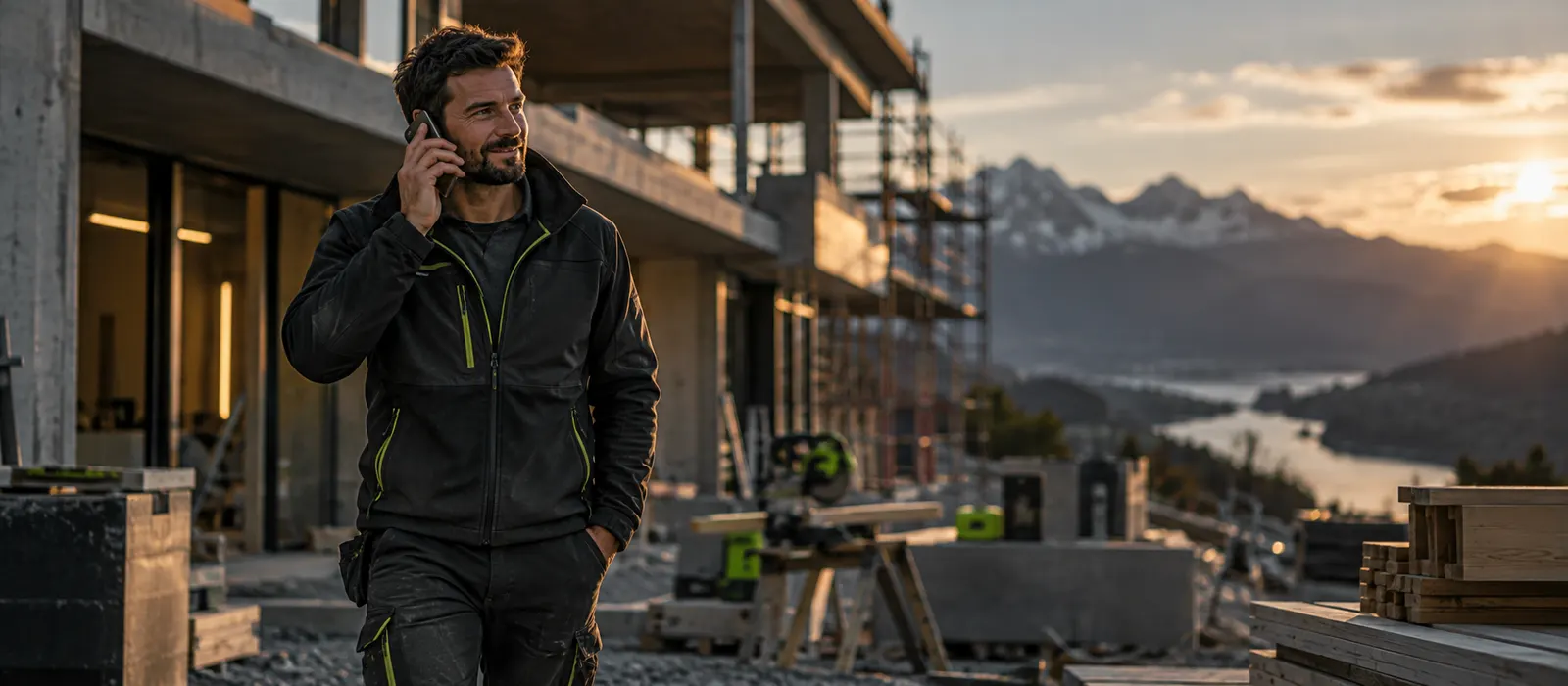 Handwerker telefoniert auf der Baustelle – typischer Einsatz für einen KI-Telefonassistenten