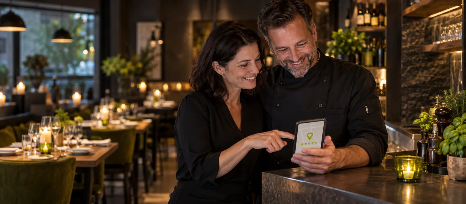 Wirtin und Koch prüfen im Restaurant ihr Unternehmensprofil auf Google Maps – lokales SEO für KMU
