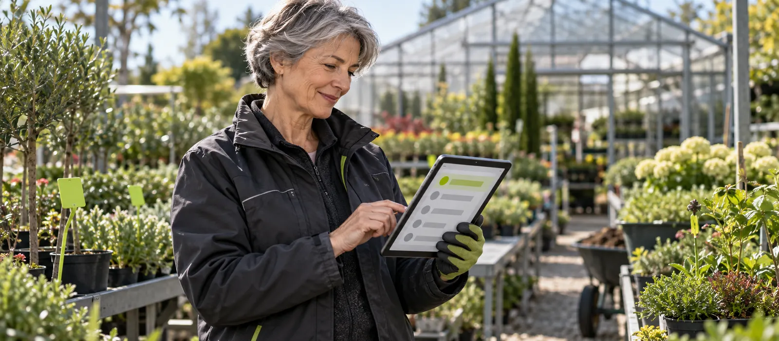 Gärtnerin prüft auf dem Tablet, wie ihr Betrieb bei Google gefunden wird – SEO für KMU