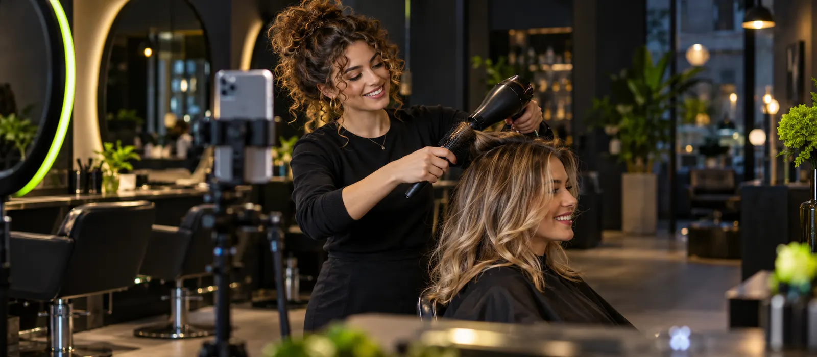 Coiffeuse filmt mit dem Smartphone einen kurzen Clip in ihrem Salon – Social Media für KMU