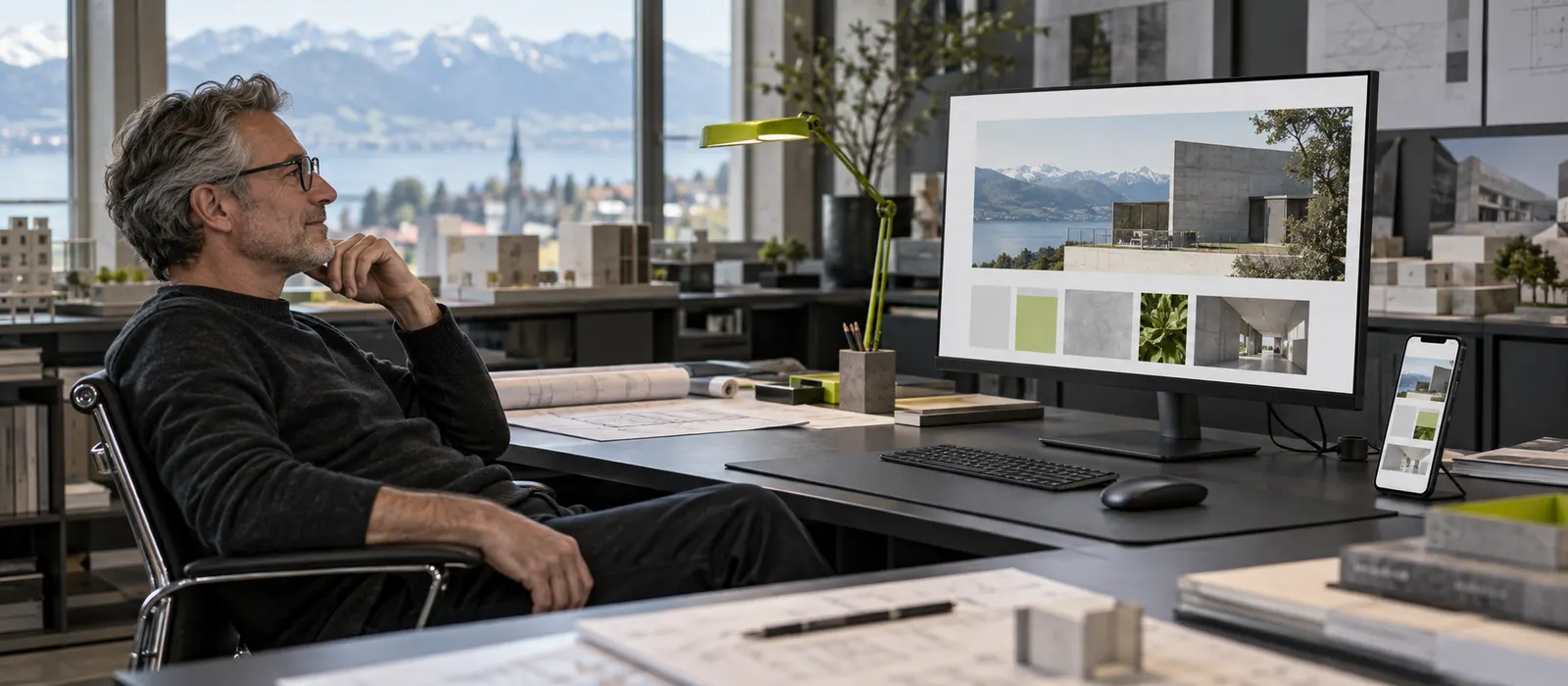 Architekt betrachtet die neue Website seines Büros auf Monitor und Smartphone – Webdesign-Trends für KMU