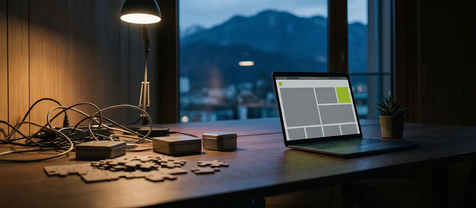 Schreibtisch am Abend: links ein Durcheinander aus Kabeln, Geräten und Puzzleteilen, rechts ein aufgeräumter Laptop mit einer klar gestalteten Website – WordPress oder KI-Website