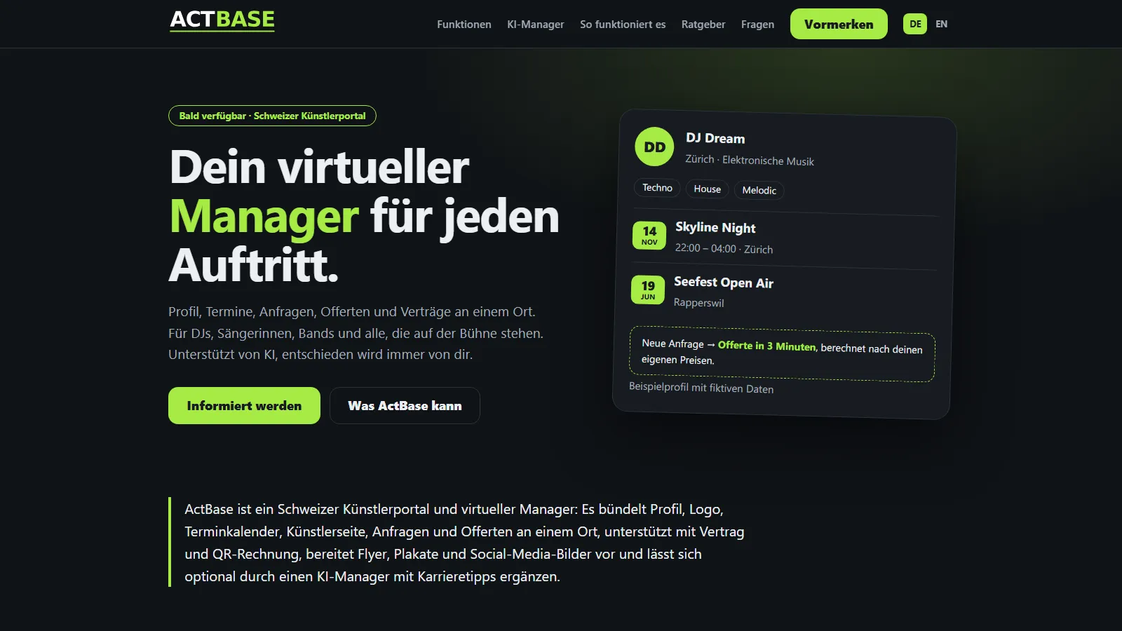 Startseite von ActBase mit Beispielprofil eines DJs und seinen Terminen