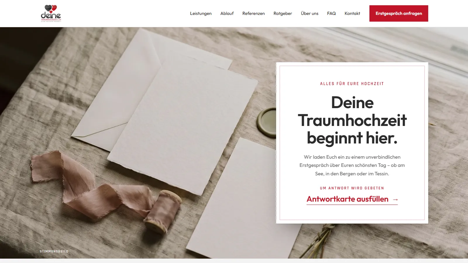 Startseite von DeineTraumhochzeit.ch mit Einladung zum Erstgespräch