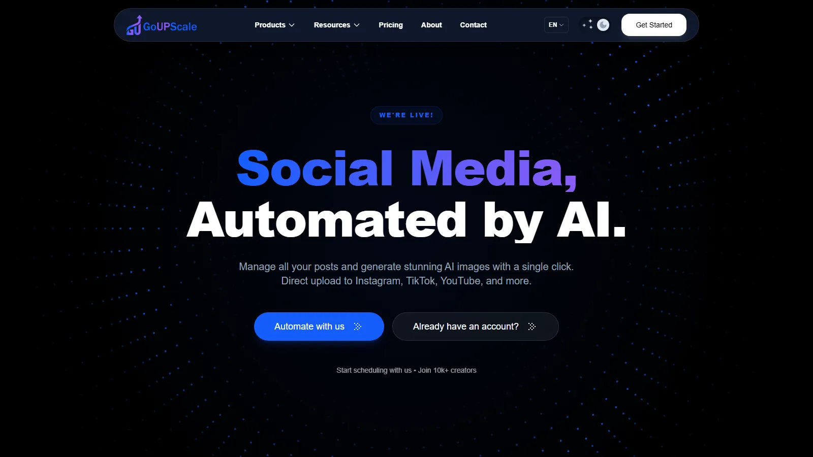 Startseite von GoUpScale: Social Media, automatisiert mit KI