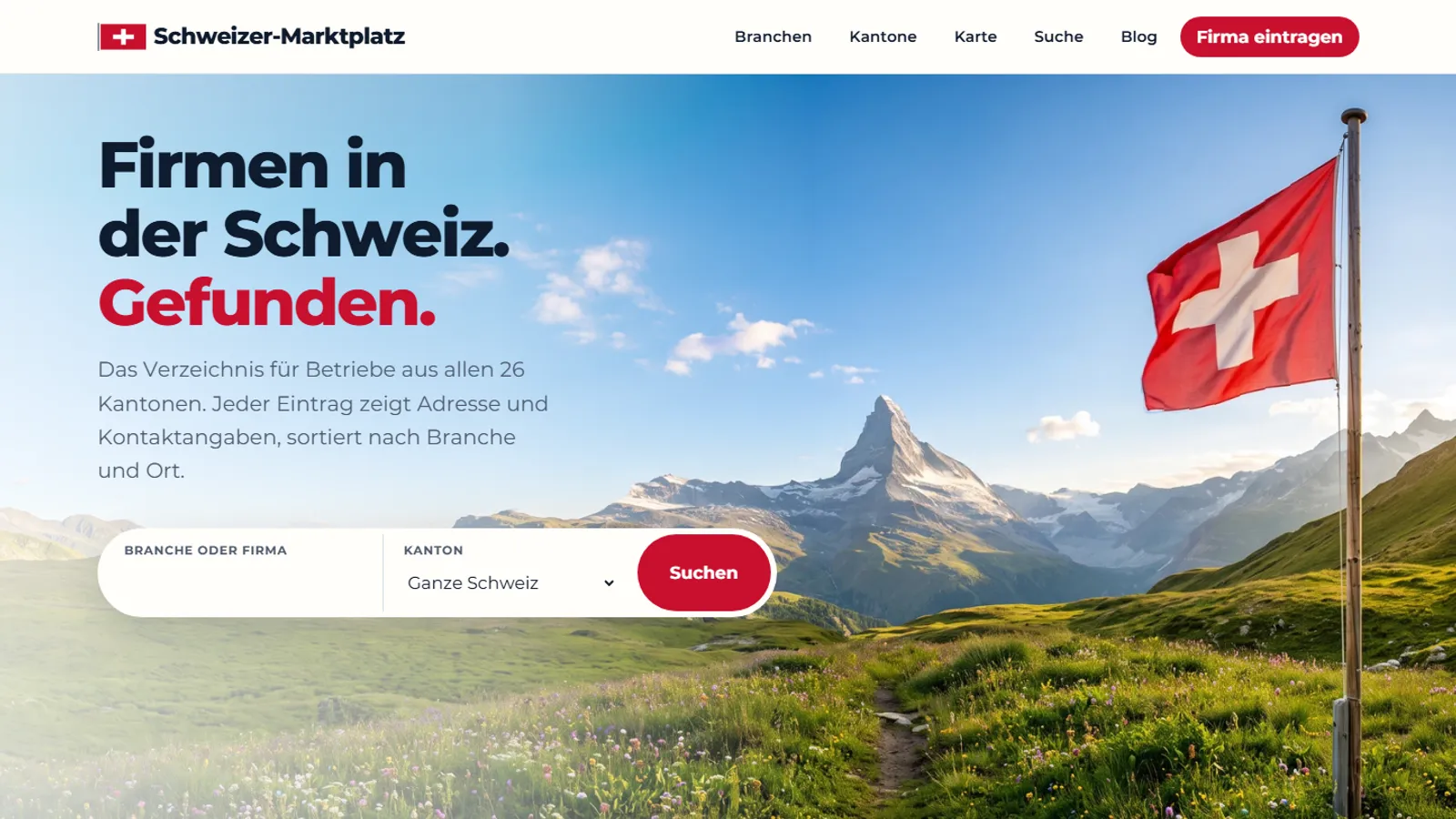 Startseite von Schweizer-Marktplatz mit Suche nach Branche und Kanton