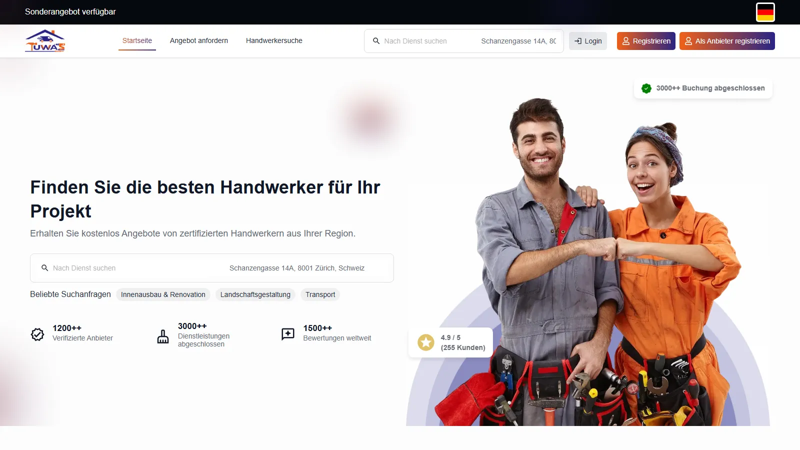 Startseite von tuwas.ch mit Handwerkersuche nach Dienst und Adresse