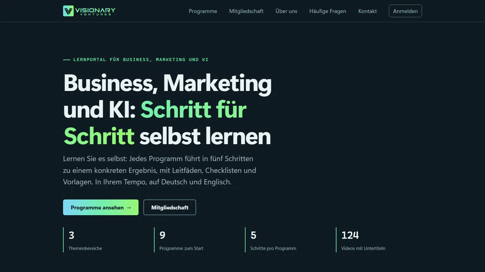 Startseite von Visionary Ventures, dem Lernportal für Business, Marketing und KI